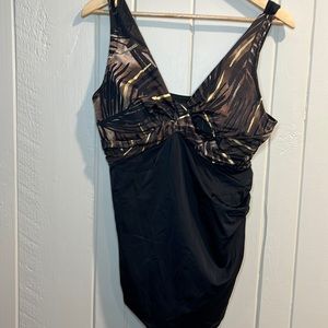 Swimsuits For All Black with Gold and Brown Accent w skirt in front